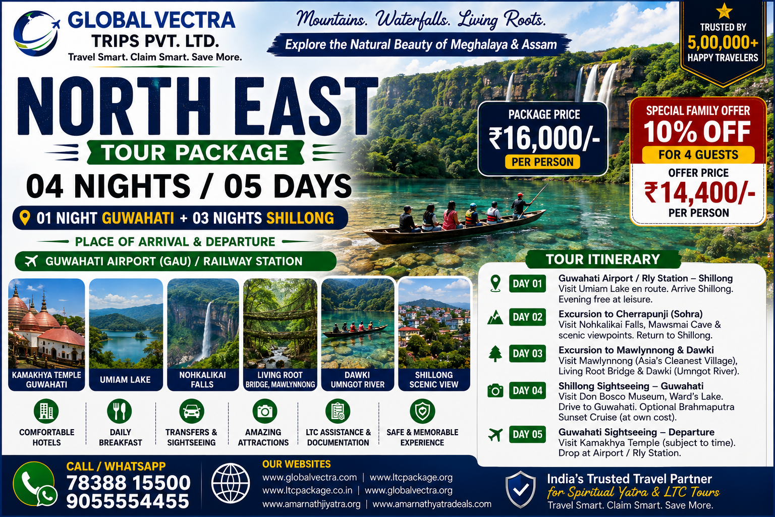 North East Tour Package 4 Nights 5 Days -Guwahati Shillong Cherrapunji & Dawki