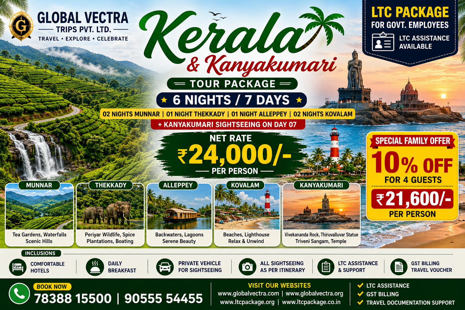 Kerala Tour Package 6 Nights 7 Days Munnar Thekkady Alleppey Kovalam Kanyakumari