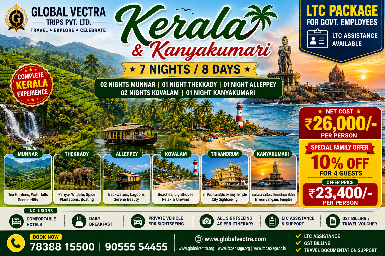 Kerala Tour Package 7 Nights 8 Days Munnar Thekkady Alleppey Kovalam Kanyakumari
