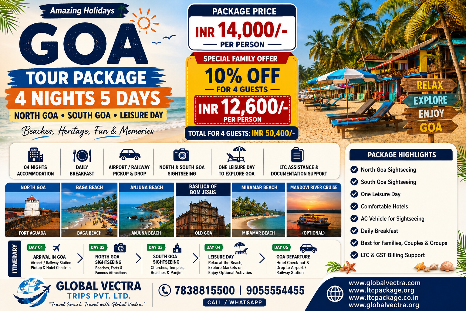 GOA TOUR PACKAGE 4 NIGHTS 5 DAYS North Goa + South Goa + Leisure Day